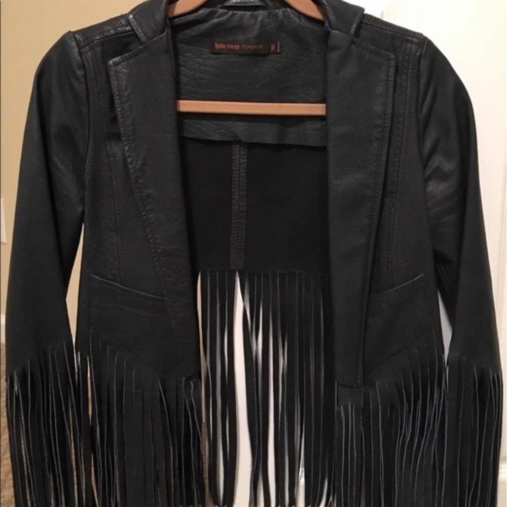 Kate Moss fringe leather jacket dark blue